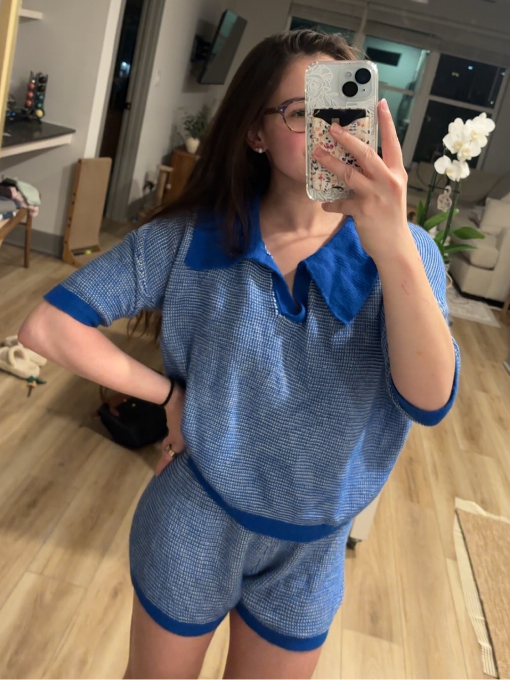 Blue Knit Short Lounge Set with Contrast Collar